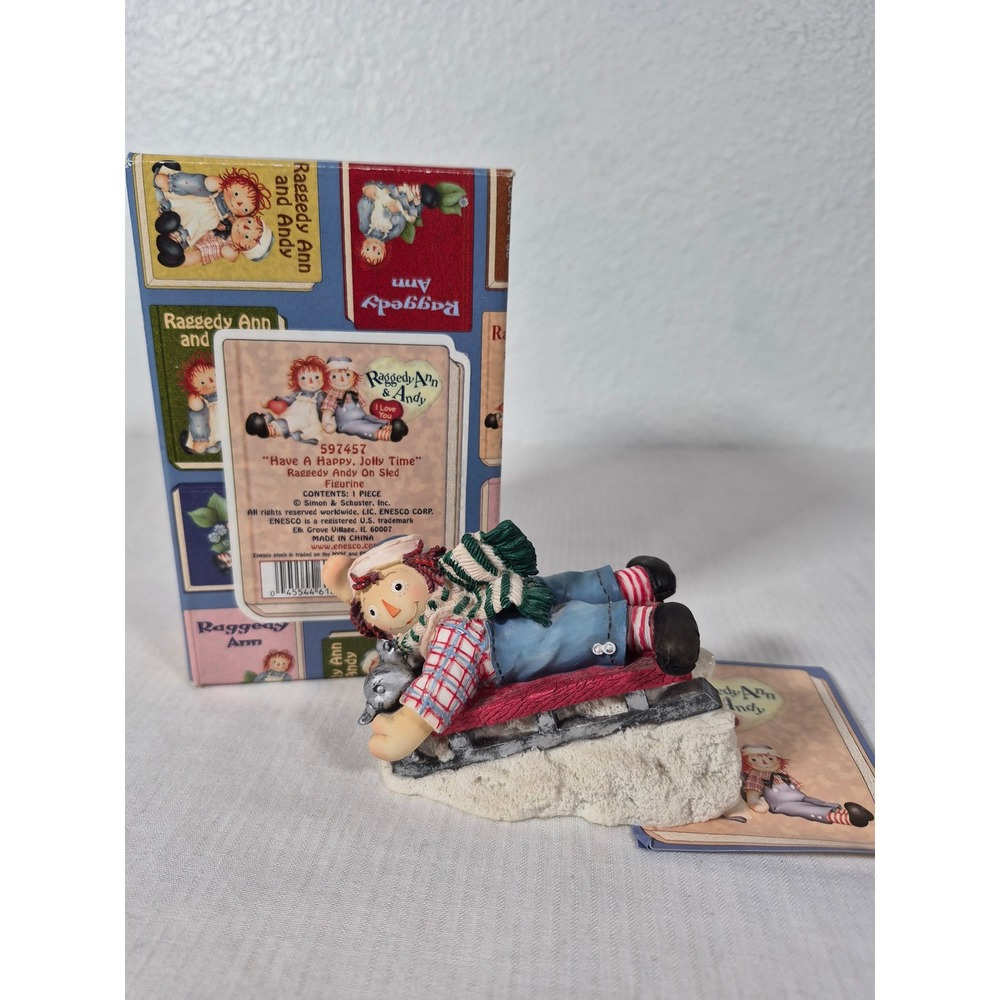 Enesco Raggedy Andy On Sled Figurine Have A Happy Jolly Time 597457 Vintage Box